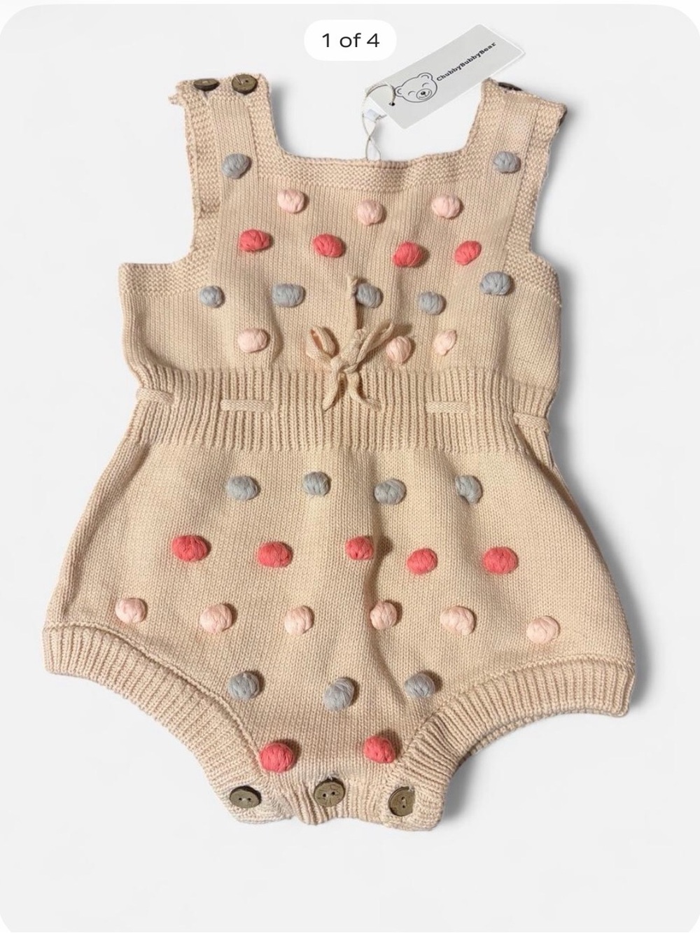Bear-Themed Knit Dot Baby Romper in Cream